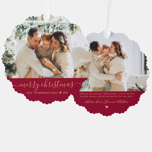 Modern Red Gold Script 2 Photo Christmas Tree Decoration Card (Front/Back)