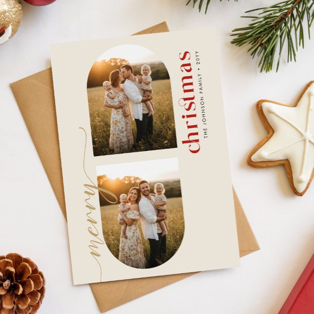 Modern Red & Gold Script Family Photo Christmas Holiday Postcard (Creator Uploaded)
