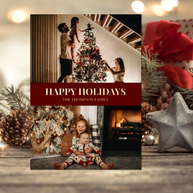 Modern Red Gold Script Happy Holidays Photo Foil Holiday Card (Creator Uploaded)