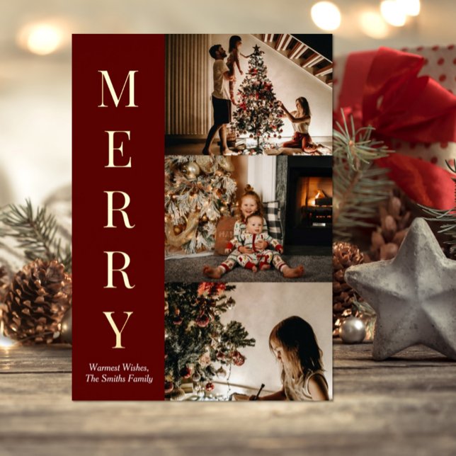 Modern Red Gold Script Merry Christmas Photo Foil Holiday Card (Creator Uploaded)