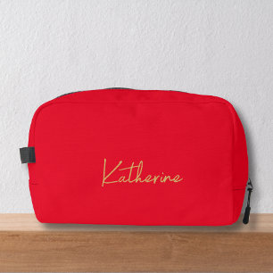 Modern Red & Gold Script Name Dopp Kit