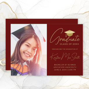 Modern Red Gold Script Photo College Graduation Announcement