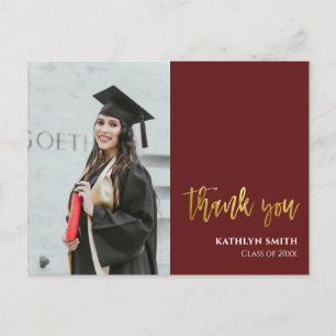 Modern Red Gold Script Photo Graduation Thank You Postcard