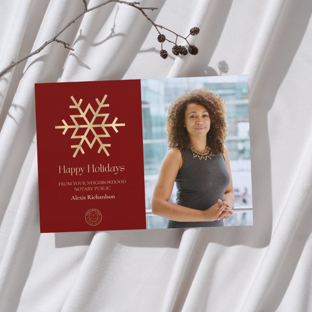 Modern Red Gold snowflake Notary Happy Holidays Holiday Card (Creator Uploaded)