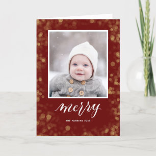 Modern Red Gold Snowflakes Bokeh Minimalist Photo Holiday Card