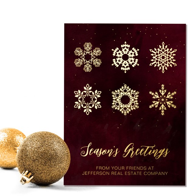 Modern Red Gold Snowflakes Business Foil Holiday Card (Creator Uploaded)