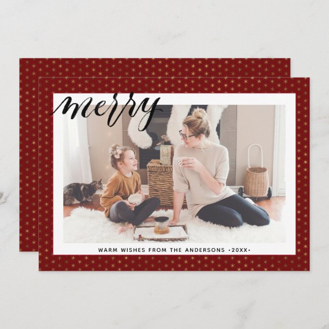 Modern Red Gold Snowflakes Stylish Script MERRY Holiday Card (Front/Back)