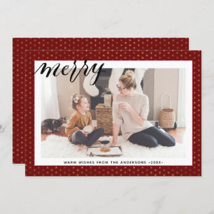 Modern Red Gold Snowflakes Stylish Script MERRY Holiday Card