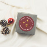 Modern Red & Gold Sparkles Merry Christmas Classic Round Sticker<br><div class="desc">A fun and festive design, featuring faux gold hand-drawn sparkles, and retro typography. A greeting of your choice is curved around the top of the sticker, and your family name is curved around the bottom. The text creates a round frame around the sparkles. Ideal for sealing envelopes, decorating gift boxes,...</div>