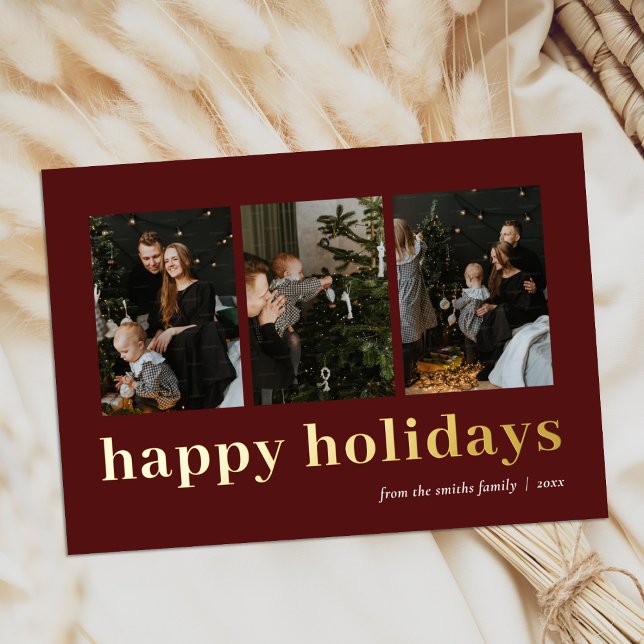 Modern Red Gold Typography Happy Holidays Photo Foil Holiday Card (Creator Uploaded)