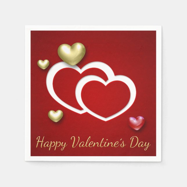 Modern Red Gold Valentine Hearts Napkin (Front)