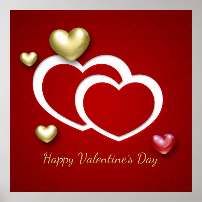 Modern Red Gold Valentine Hearts Poster (Front)
