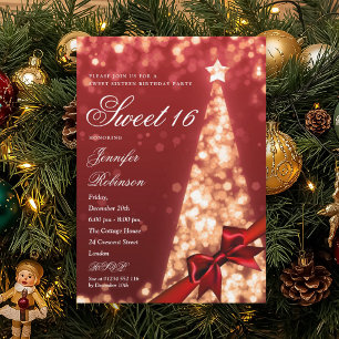 Modern Red Gold Xmas Tree Bow Sweet 16 Birthday  Invitation