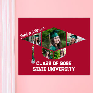 Modern Red Graduation Cap Shape Photo Collage Poster