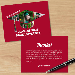 Modern Red Graduation Cap Shape Photo Collage Thank You Card