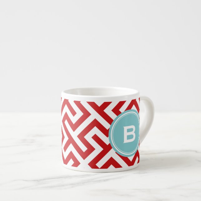 Modern red greek key geometric patterns monogram espresso cup (Front Right)