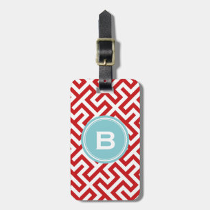 Modern red greek key geometric patterns monogram luggage tag