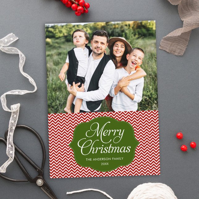 Modern Red Green Chevron Christmas Photo Card (Creator Uploaded)
