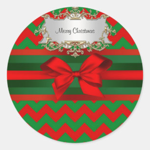 Modern Red Green Chevron Zig-Zag Ribbon Christmas Classic Round Sticker