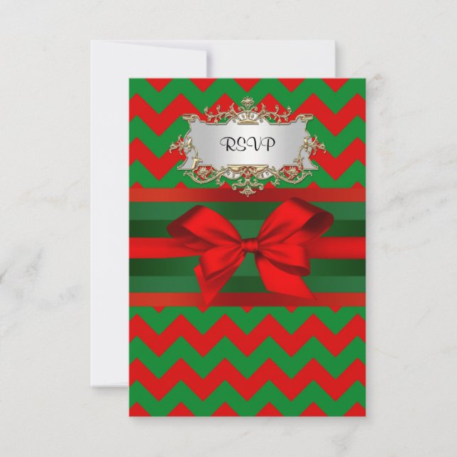 Modern Red Green Chevron Zig-Zag Ribbon Christmas RSVP Card (Front)