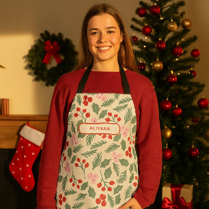 Modern Red & Green Christmas Floral Pattern Apron