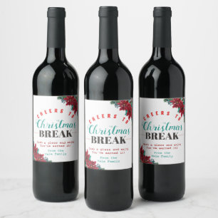 Modern Red & Green Christmas Floral Teacher Wine Label