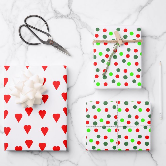 Modern Red Green Dots Hearts Christmas Wrapping Paper Sheet (Front)