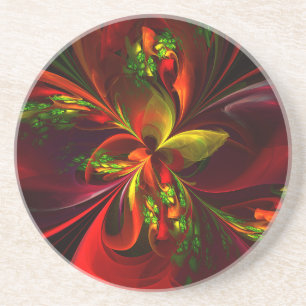 Modern Red Green Floral Abstract Art Pattern #05 Coaster