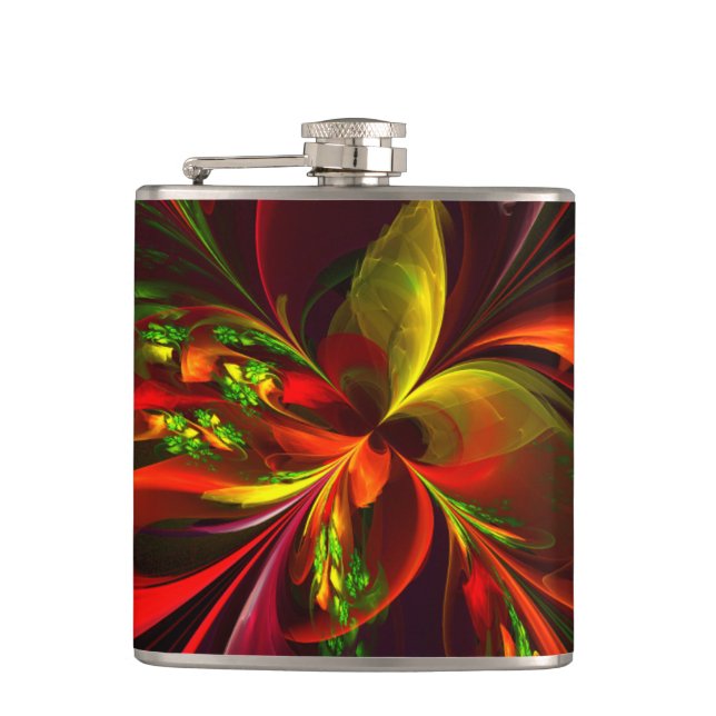 Modern Red Green Floral Abstract Art Pattern #05 Hip Flask (Front)