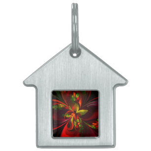 Modern Red Green Floral Abstract Art Pattern #05 Pet ID Tag