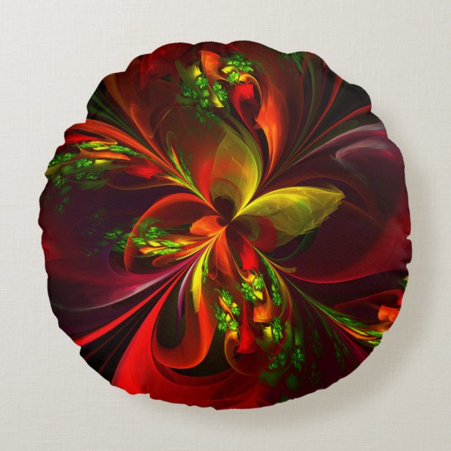 Modern Red Green Floral Abstract Art Pattern #05 Round Cushion (Front)