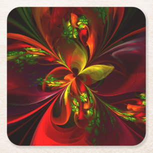 Modern Red Green Floral Abstract Art Pattern #05 Square Paper Coaster