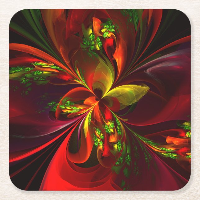 Modern Red Green Floral Abstract Art Pattern #05 Square Paper Coaster (Front)