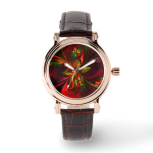 Modern Red Green Floral Abstract Art Pattern #05 Watch
