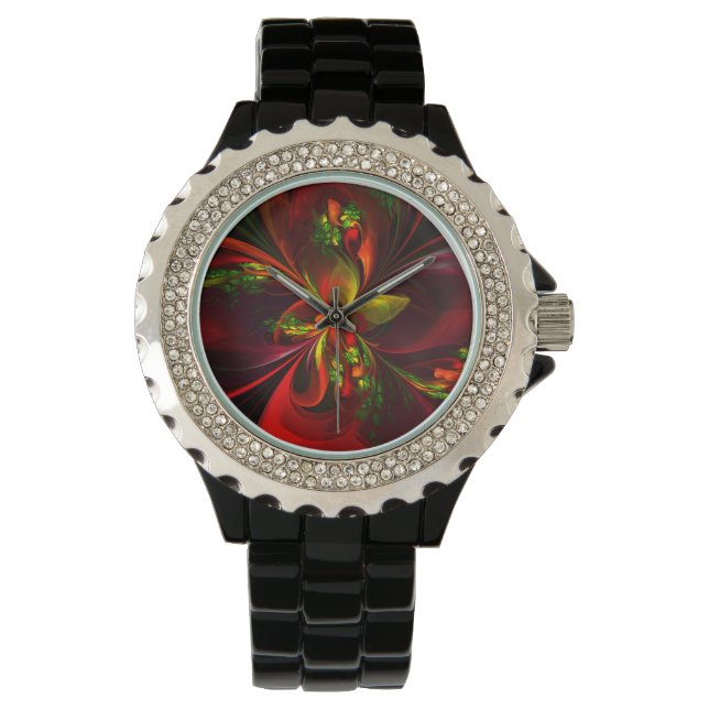 Modern Red Green Floral Abstract Art Pattern #05 Watch (Front)