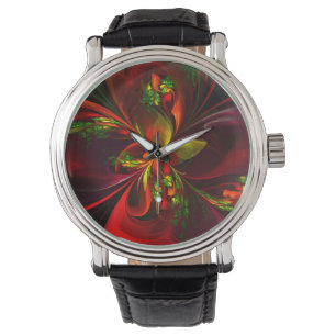 Modern Red Green Floral Abstract Art Pattern #05 Watch