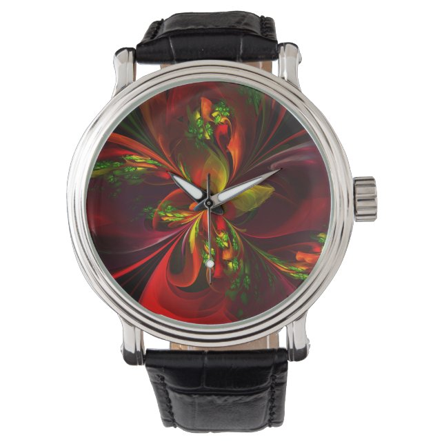 Modern Red Green Floral Abstract Art Pattern #05 Watch (Front)