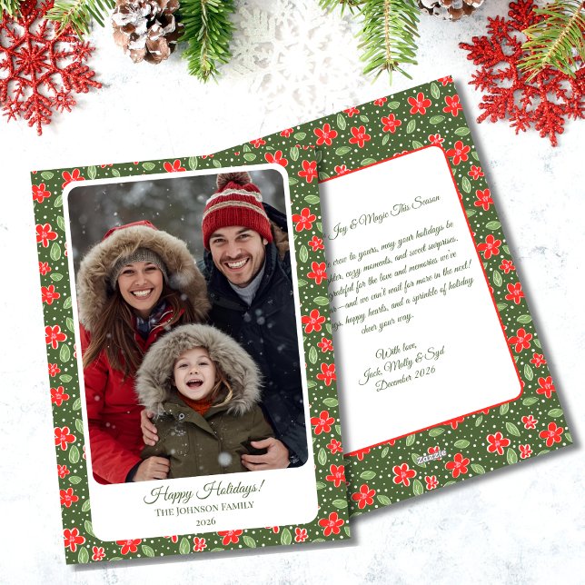 Modern Red & Green Floral Photo Flat Holiday Card (Modern Floral Photo Flat Holiday Card)