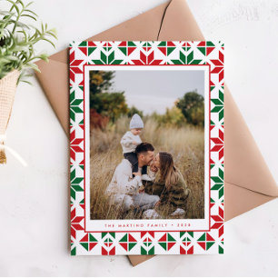 Modern Red Green Folk Quilt Photo Christmas Card