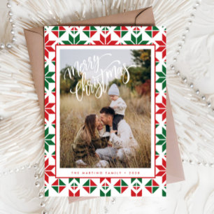 Modern Red Green Folk Quilt Photo Christmas Card