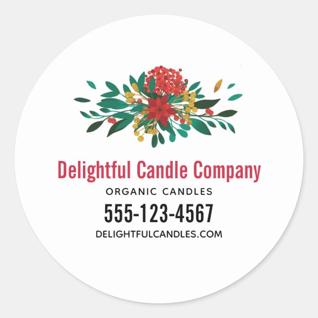 Modern Red Green & Gold Christmas Floral Business Classic Round Sticker (Front)