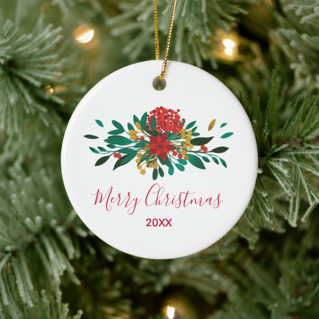 Modern Red Green & Gold Christmas Floral Ceramic Ornament (Tree)