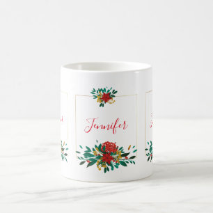 Modern Red Green & Gold Christmas Floral Coffee Mug