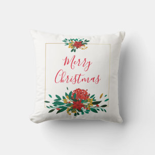 Modern Red Green & Gold Christmas Floral Cushion
