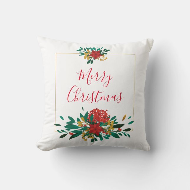 Modern Red Green & Gold Christmas Floral Cushion (Front)