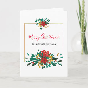 Modern Red Green & Gold Christmas Floral Holiday Card