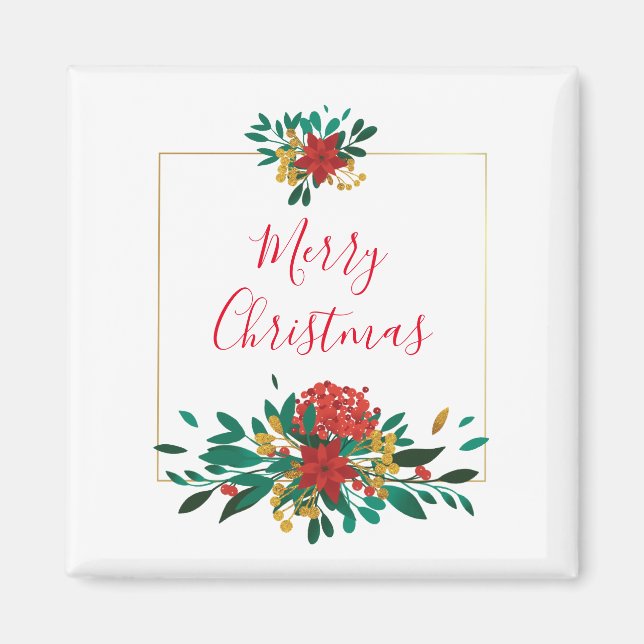 Modern Red Green & Gold Christmas Floral Holiday Magnet (Front)