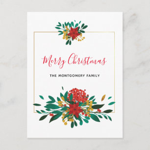 Modern Red Green & Gold Christmas Floral Holiday Postcard