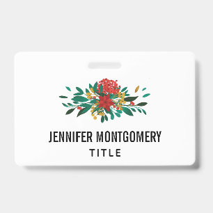 Modern Red Green & Gold Christmas Floral ID Badge