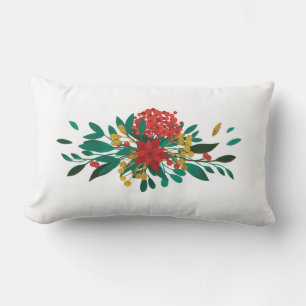 Modern Red Green & Gold Christmas Floral Lumbar Cushion
